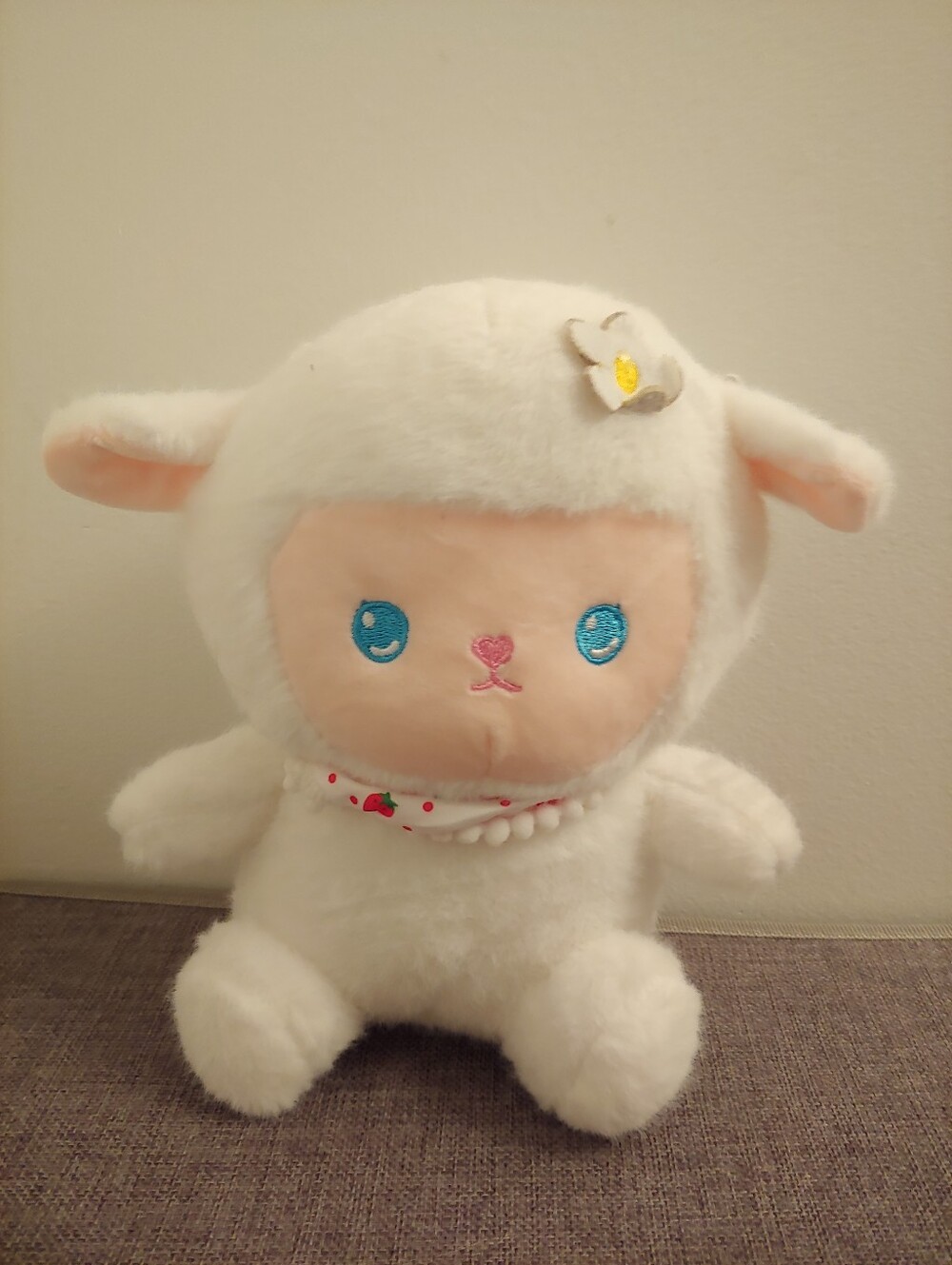 Plush Lamb Doll with Blue Eyes and Pink Face